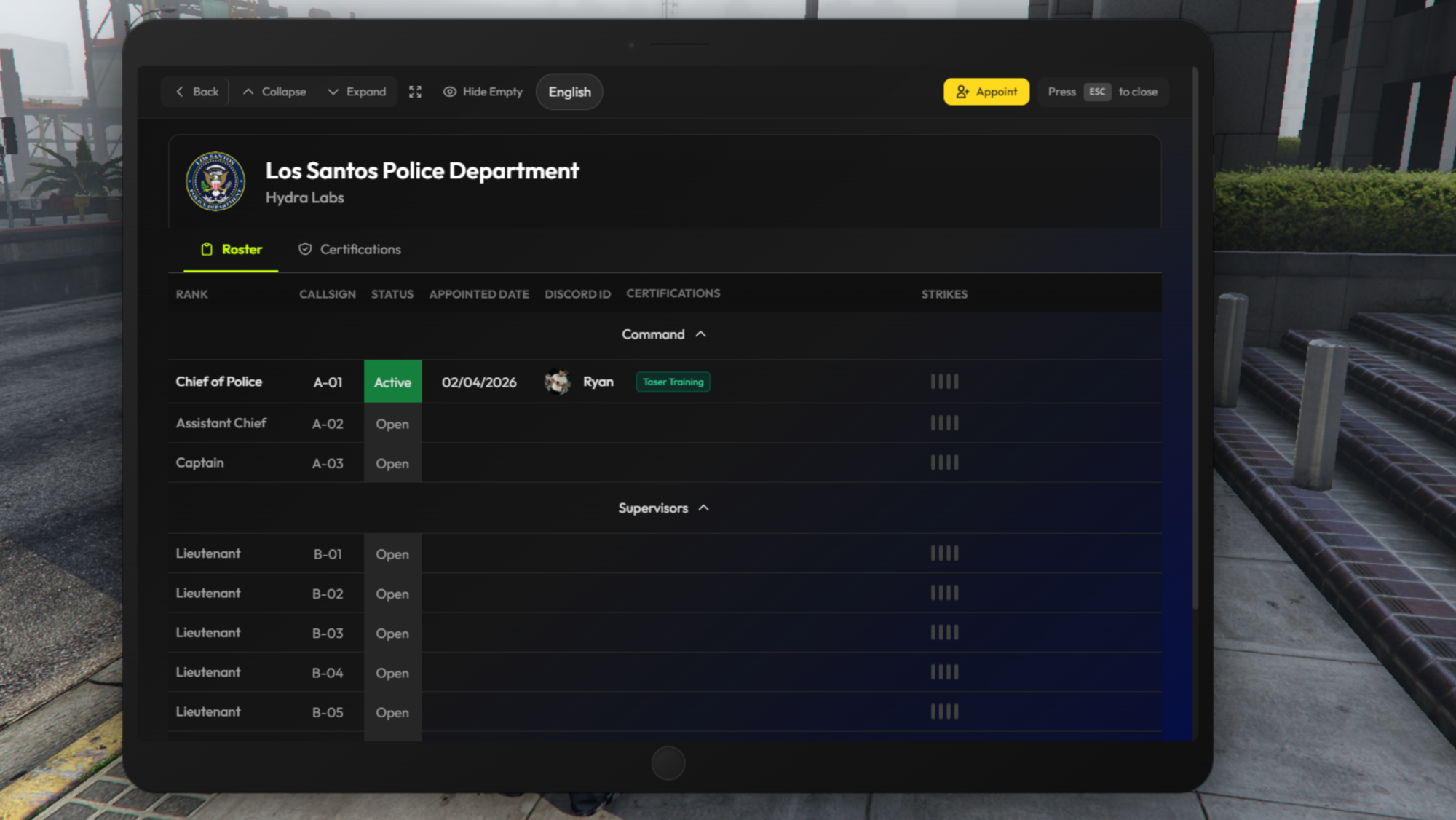FiveRoster in-game MDT tablet showing roster, documents, shifts, and LOA management inside FiveM